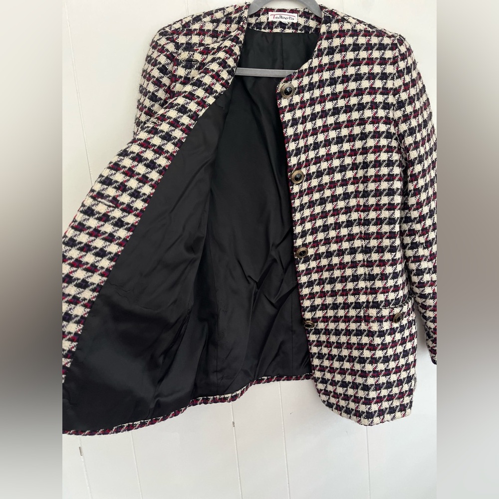 VTG Talbots Wool Tweed Blazer Black White Purple Red Houndstooth Blazer Size 12 - Picture 15 of 16